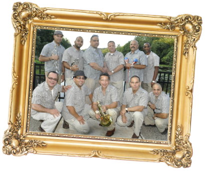 La Caribena band image in a gold ornate wood frame