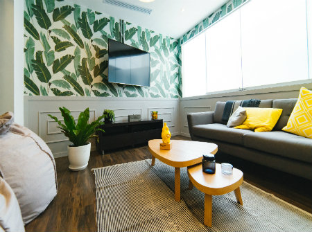A wallpapered living room