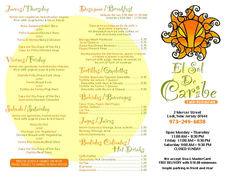 El Sol de Caribe menu